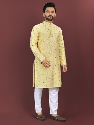 Latest traditional beautiful latest rayon silk cotton yellow kurta pajama